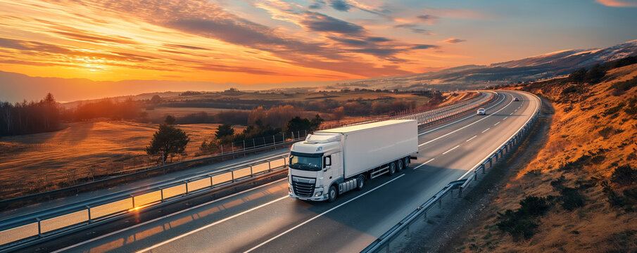 Logistics truck moving freight on a highway at sunrise